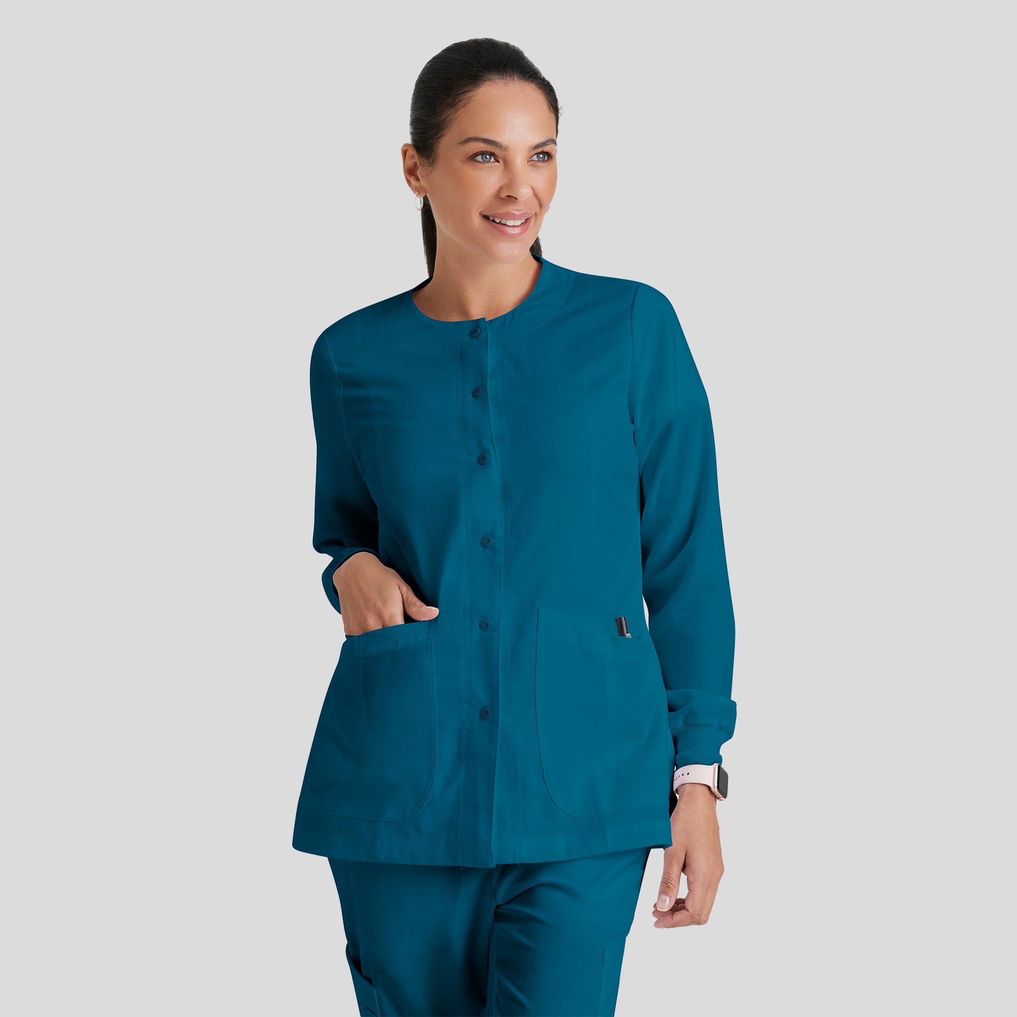 Jamie 4-Pocket Crewneck Snap-Front Scrub Jacket | Bahama