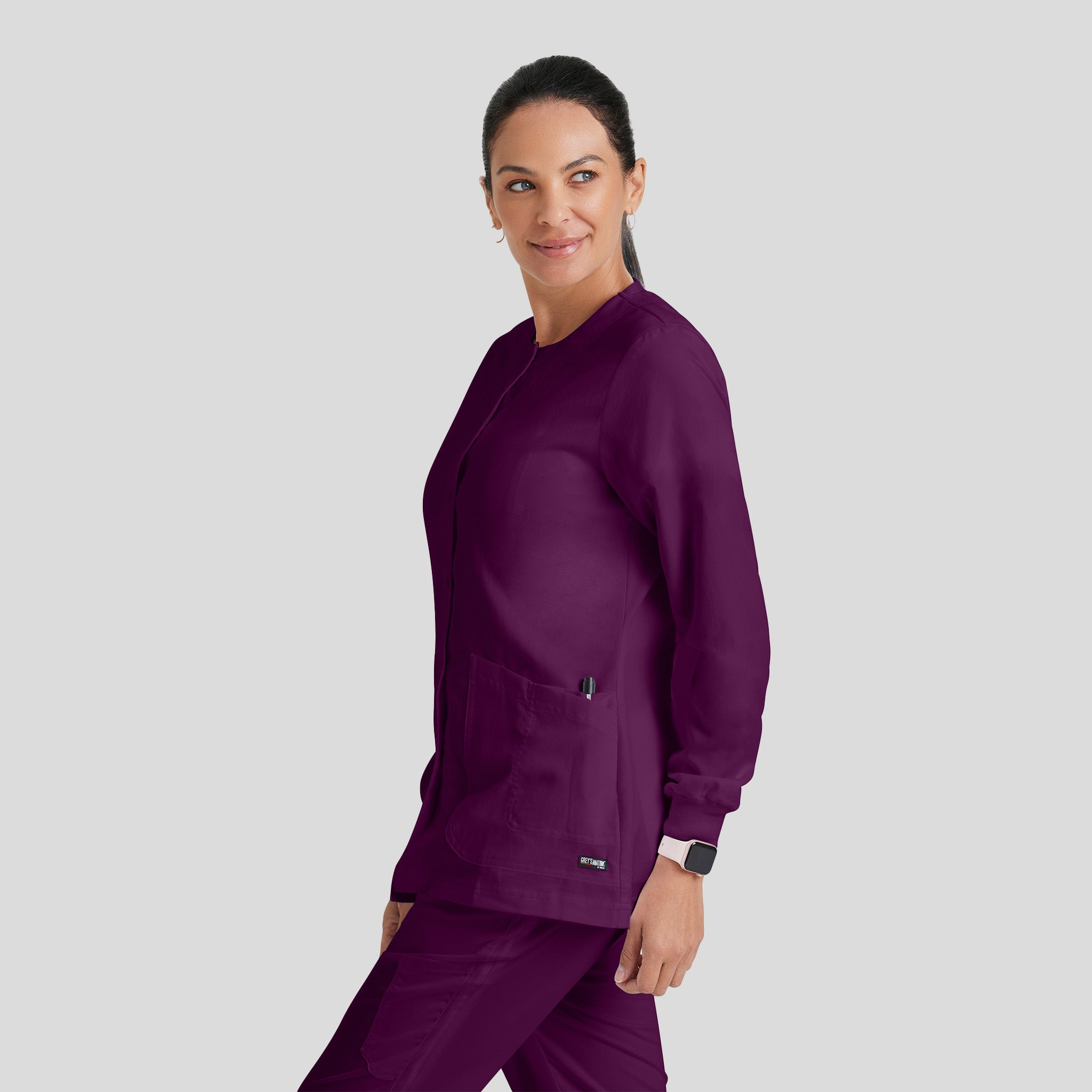 Jamie 4-Pocket Crewneck Snap-Front Scrub Jacket | Wine