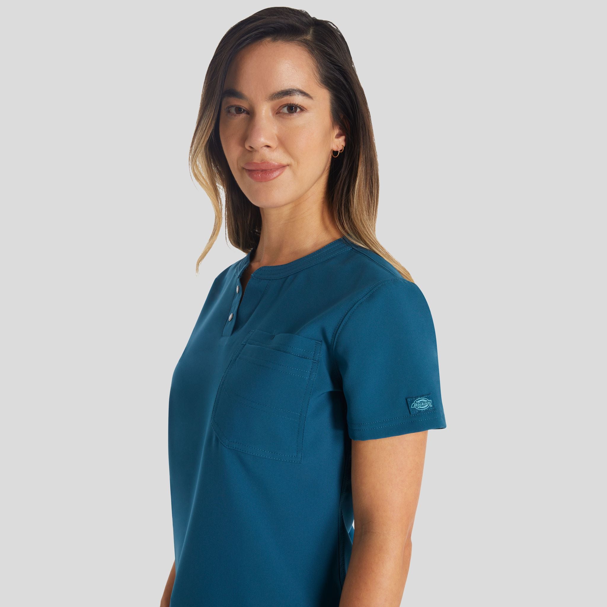 Women's Round Neck Henley Scrub Top | Caribbean