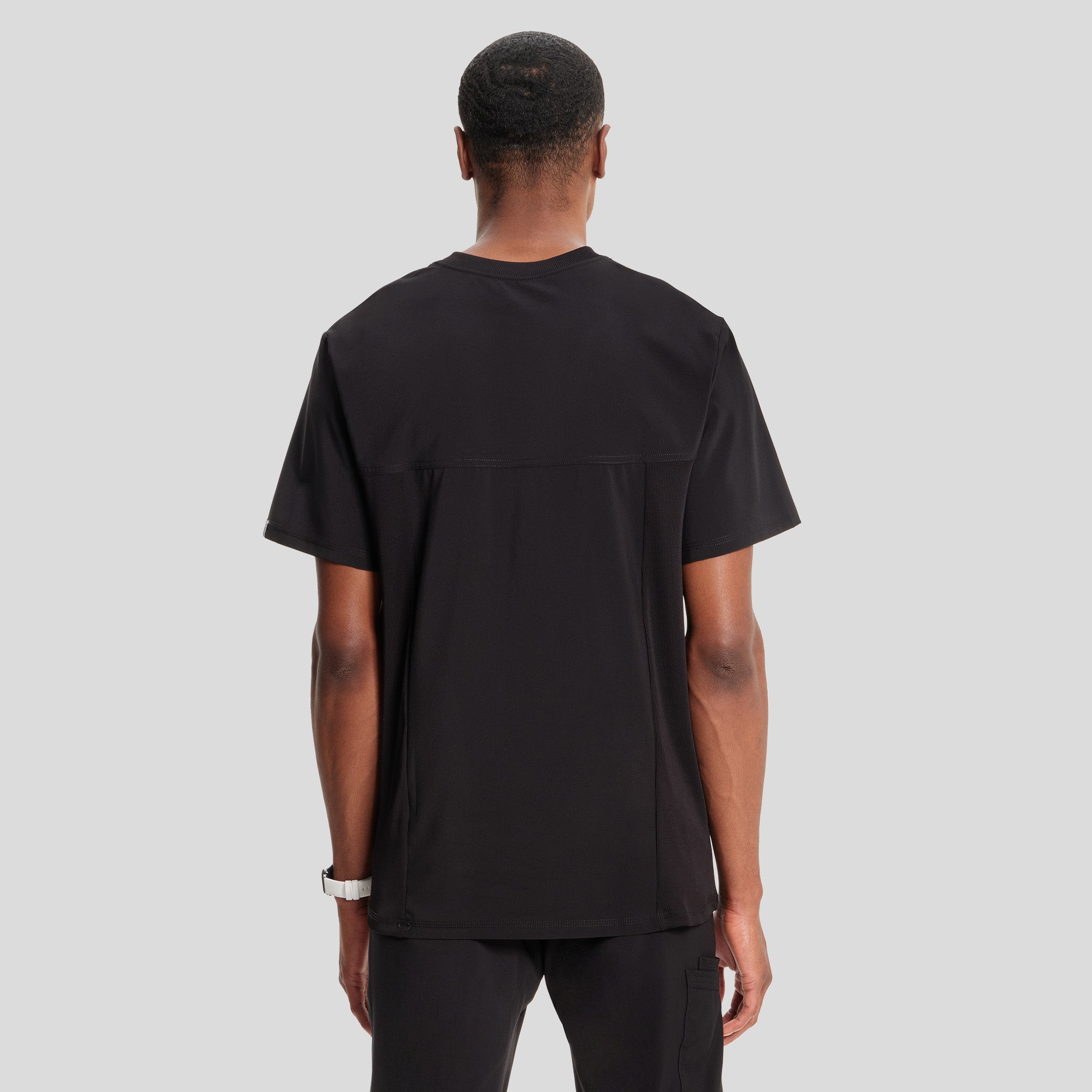 Men's V-Neck Knit Panel Solid Scrub Top | Black