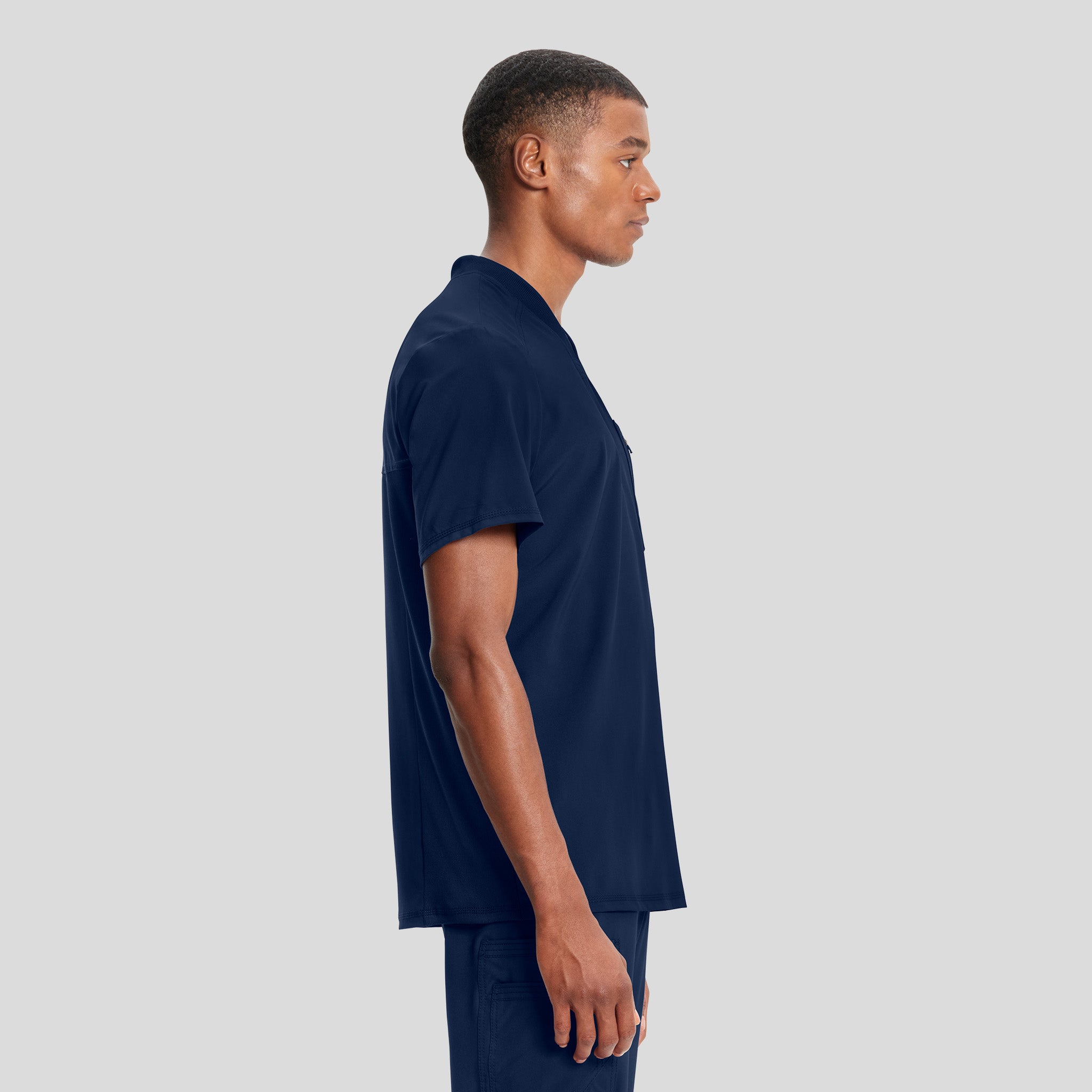 Men's V-Neck Knit Panel Solid Scrub Top | Navy
