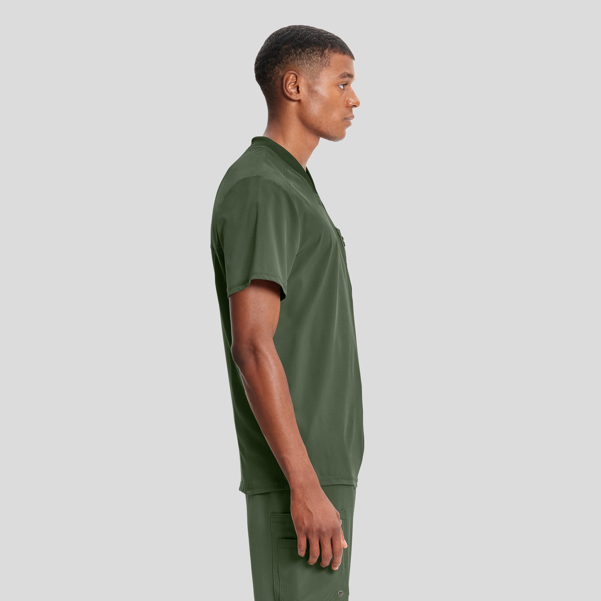 Men's V-Neck Knit Panel Solid Scrub Top | Olive