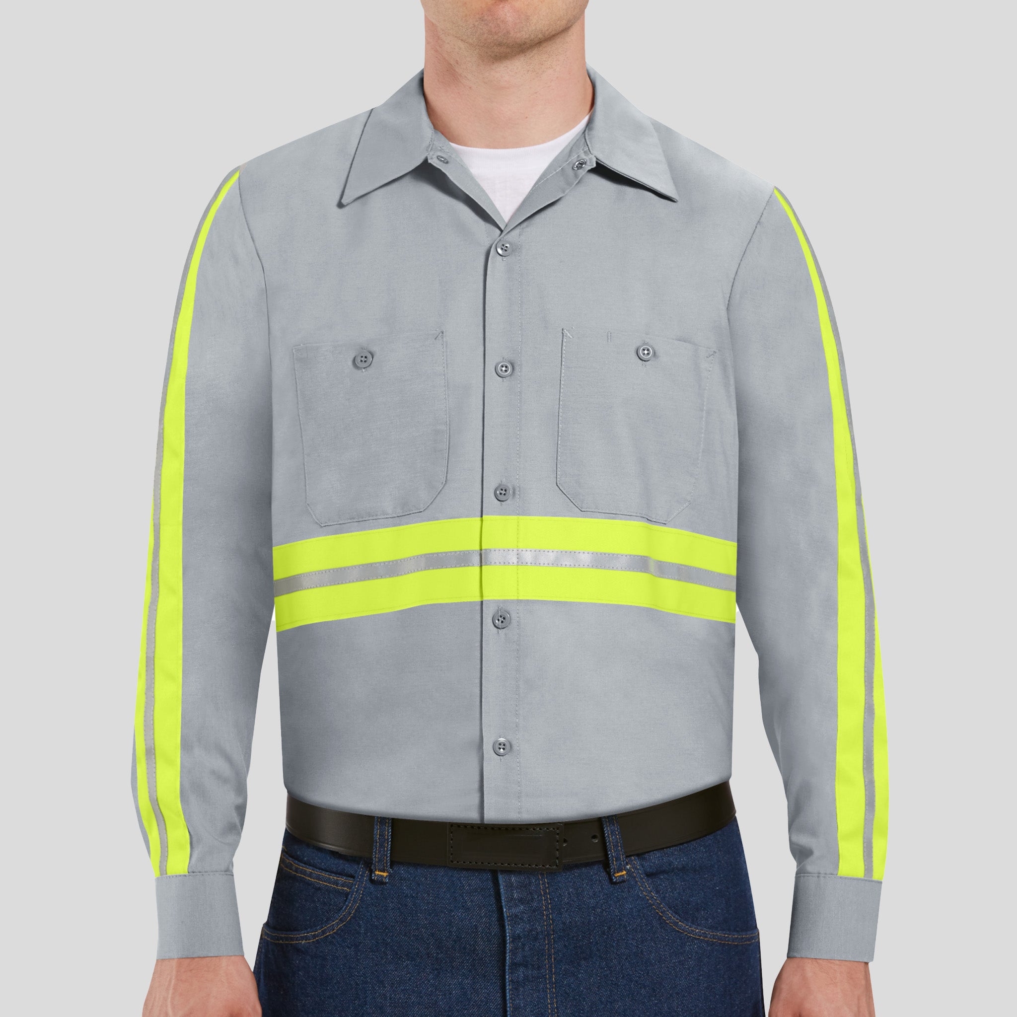 Men's Long Sleeve Enhanced Visibility Industrial Work Shirt | Grey w/ Yellow Visibility Trim