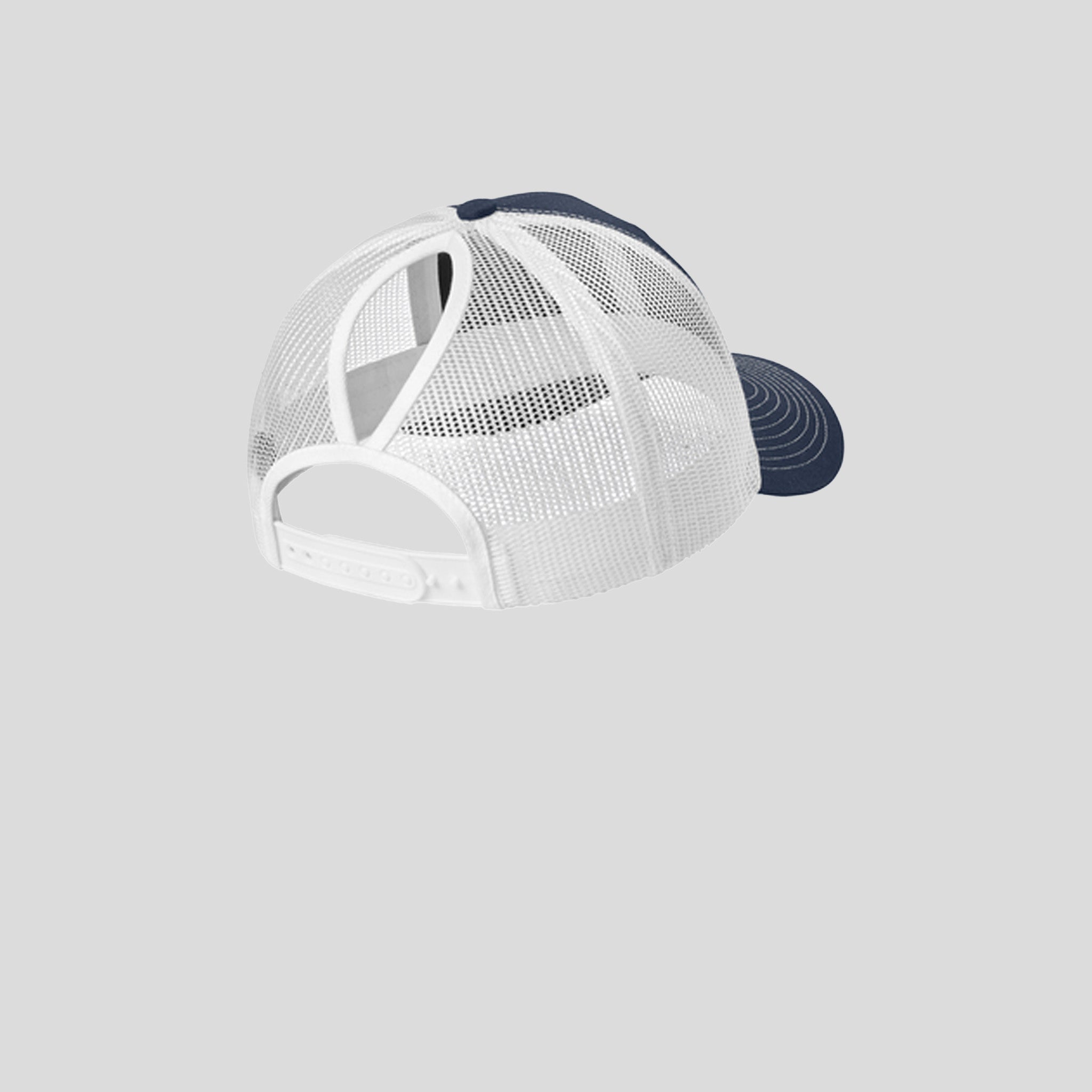 Snapback Ponytail Trucker Cap | True Navy/White